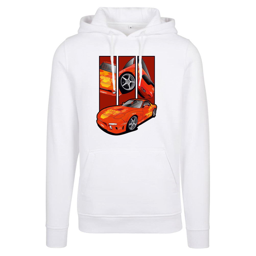 Orange Julius RX-7 – Detail Triptych auf weißem Hoodie – Vorderansicht