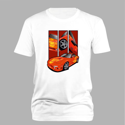 Orange Julius RX-7 – Detail Triptych auf weißem T-Shirt – Vorderansicht