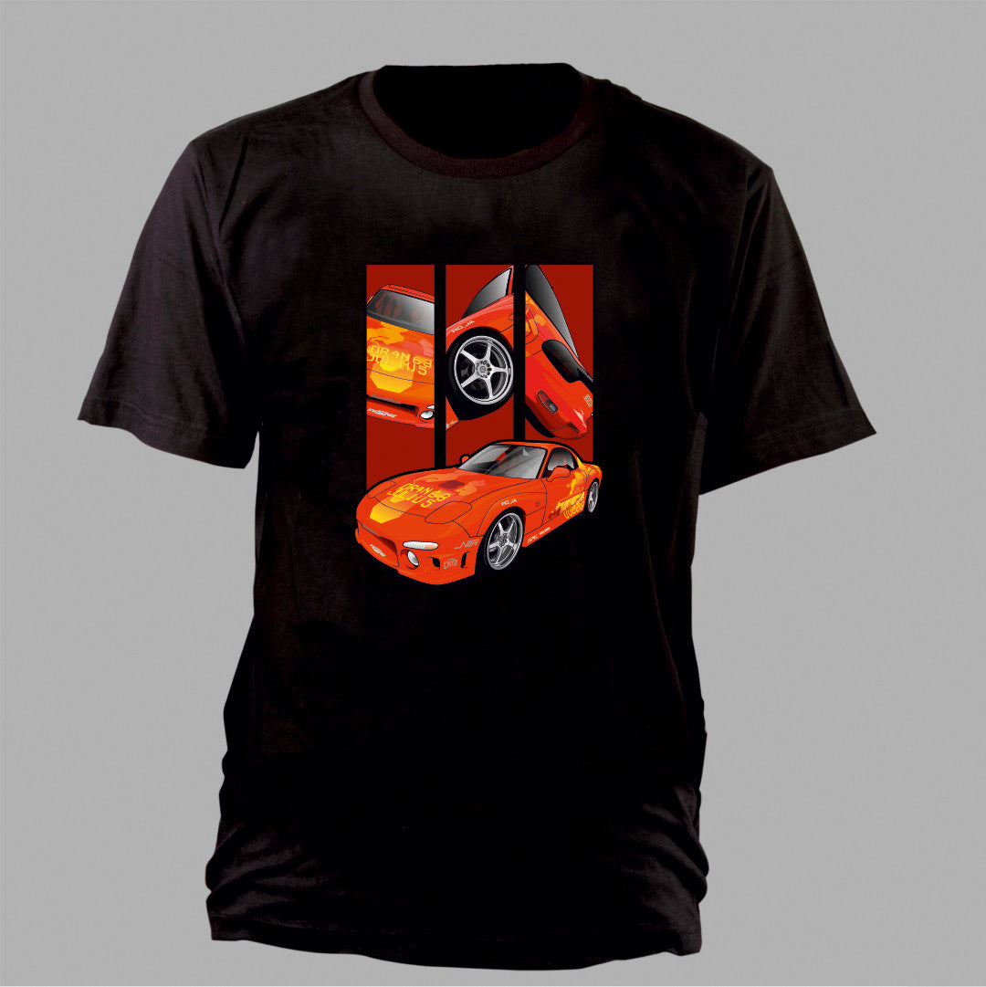 Orange Julius RX-7 – Detail Triptych auf einem T-Shirt