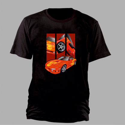 Orange Julius RX-7 – Detail Triptych auf einem T-Shirt
