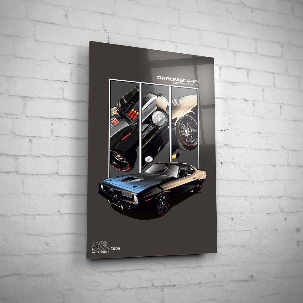 Plymouth Hemi Cuda – Detail Triptych auf Acrylglas an weißer Ziegelwand