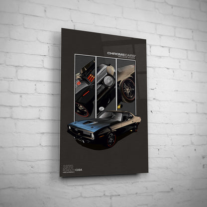 Plymouth Hemi Cuda – Detail Triptych auf gebürstetem Aluminium an weißer Ziegelwand