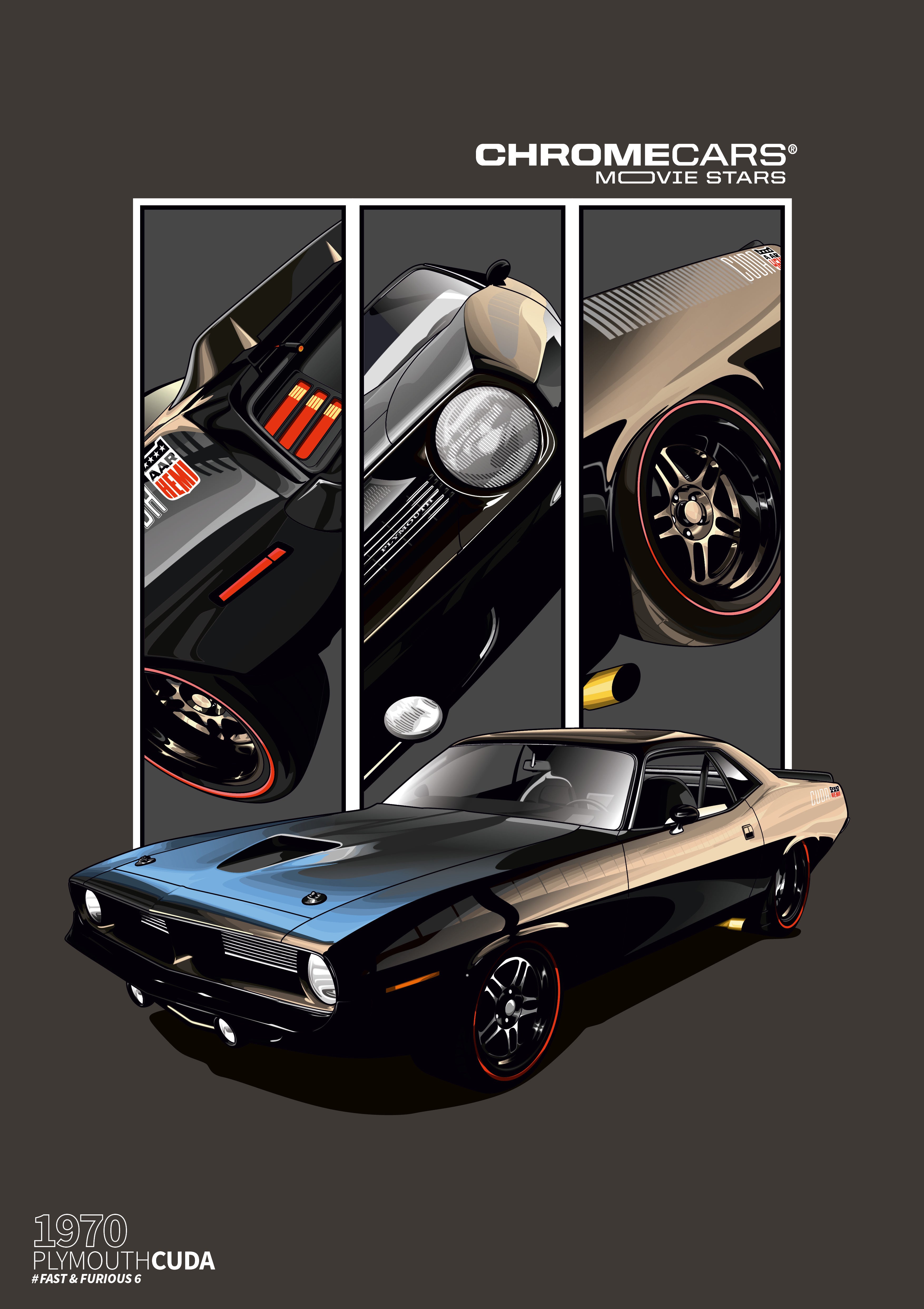 Plymouth Hemi Cuda – Detail Triptych als Poster – vollständige Motivansicht