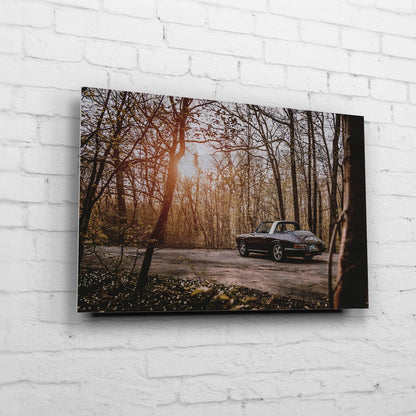 Porsche 911 – Forest Sunset auf gebürstetem Aluminium an weißer Ziegelwand