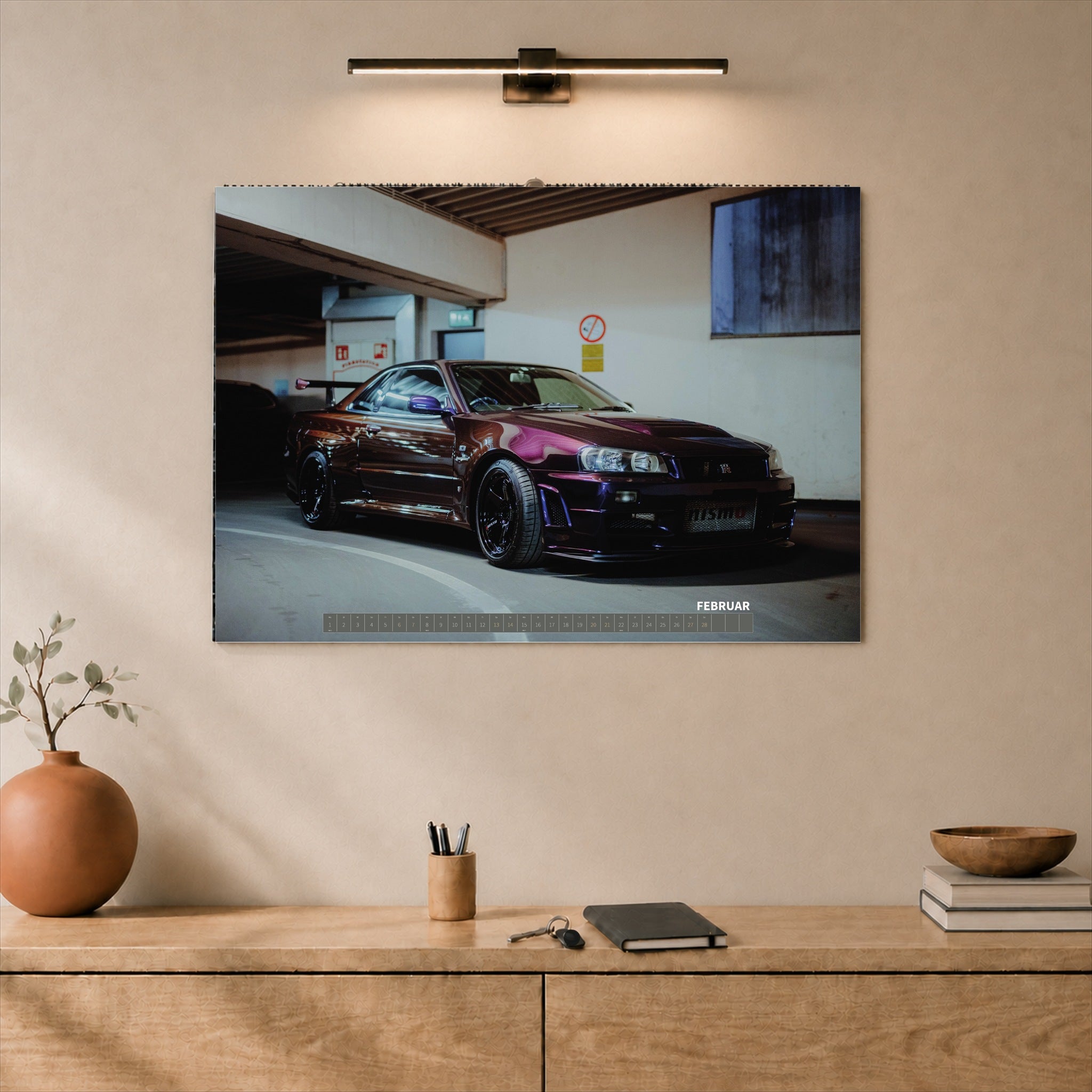 R34 GT-R CRS MPIII Kalender 2027 Landscape – Kalenderblatt februar als A2-Mockup