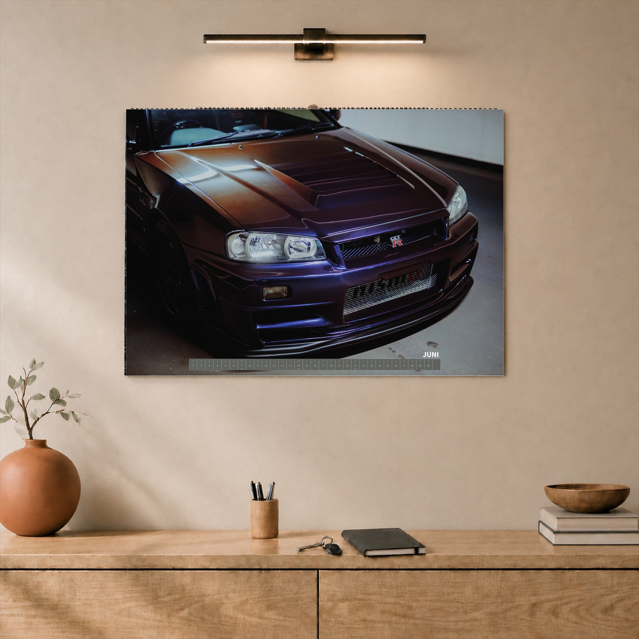 R34 GT-R CRS MPIII Kalender 2027 Landscape – Kalenderblatt juni als A2-Mockup