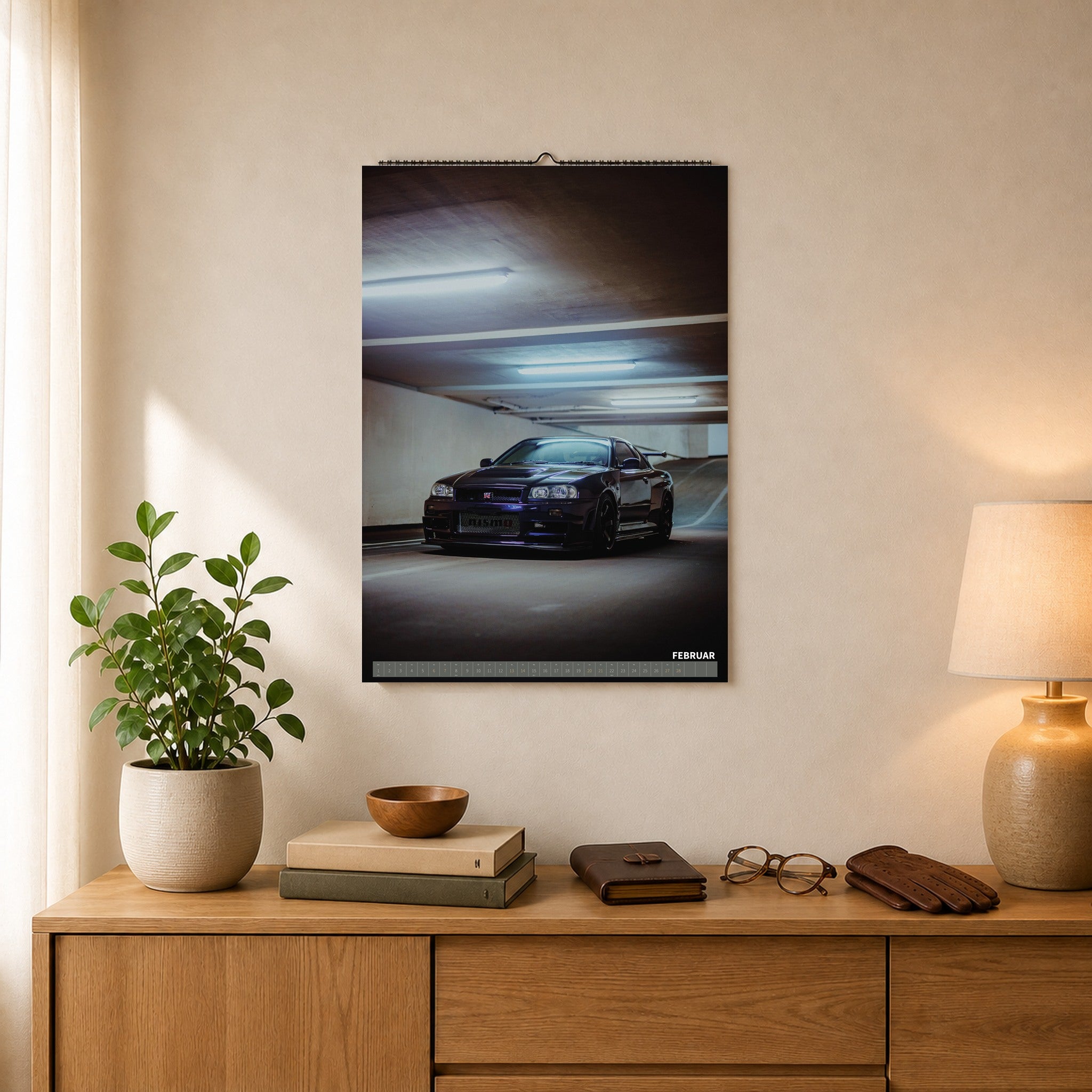 R34 GT-R CRS MPIII Kalender 2027 Portrait – Kalenderblatt februar als A2-Mockup