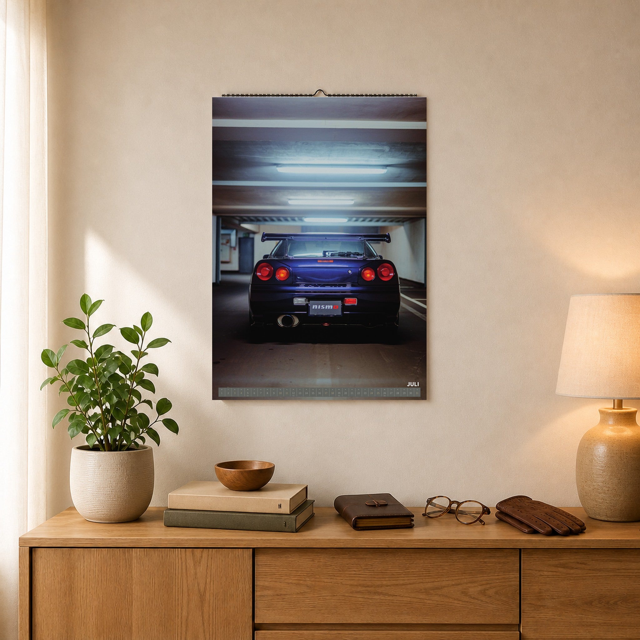 R34 GT-R CRS MPIII Kalender 2027 Portrait – Kalenderblatt juli als A2-Mockup