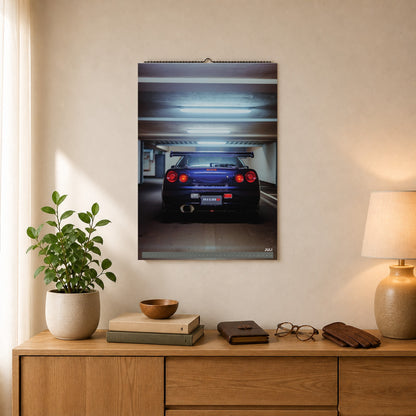R34 GT-R CRS MPIII Kalender 2027 Portrait – Kalenderblatt juli als A2-Mockup
