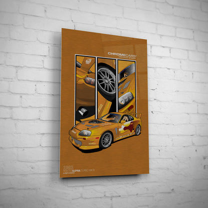Slap Jack’s Supra – Detail Triptych auf gebürstetem Aluminium an weißer Ziegelwand