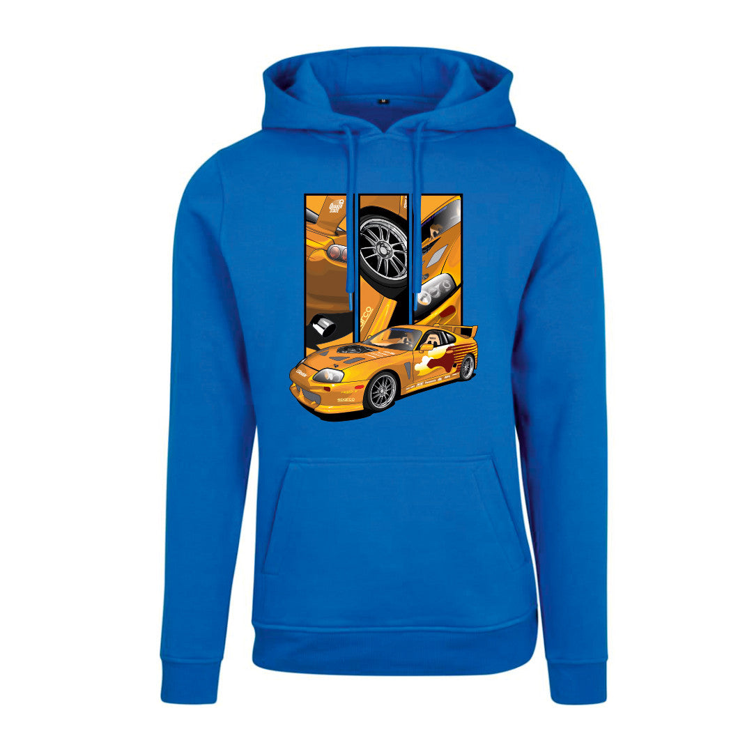 Slap Jack’s Supra – Detail Triptych auf blauem Hoodie – Vorderansicht