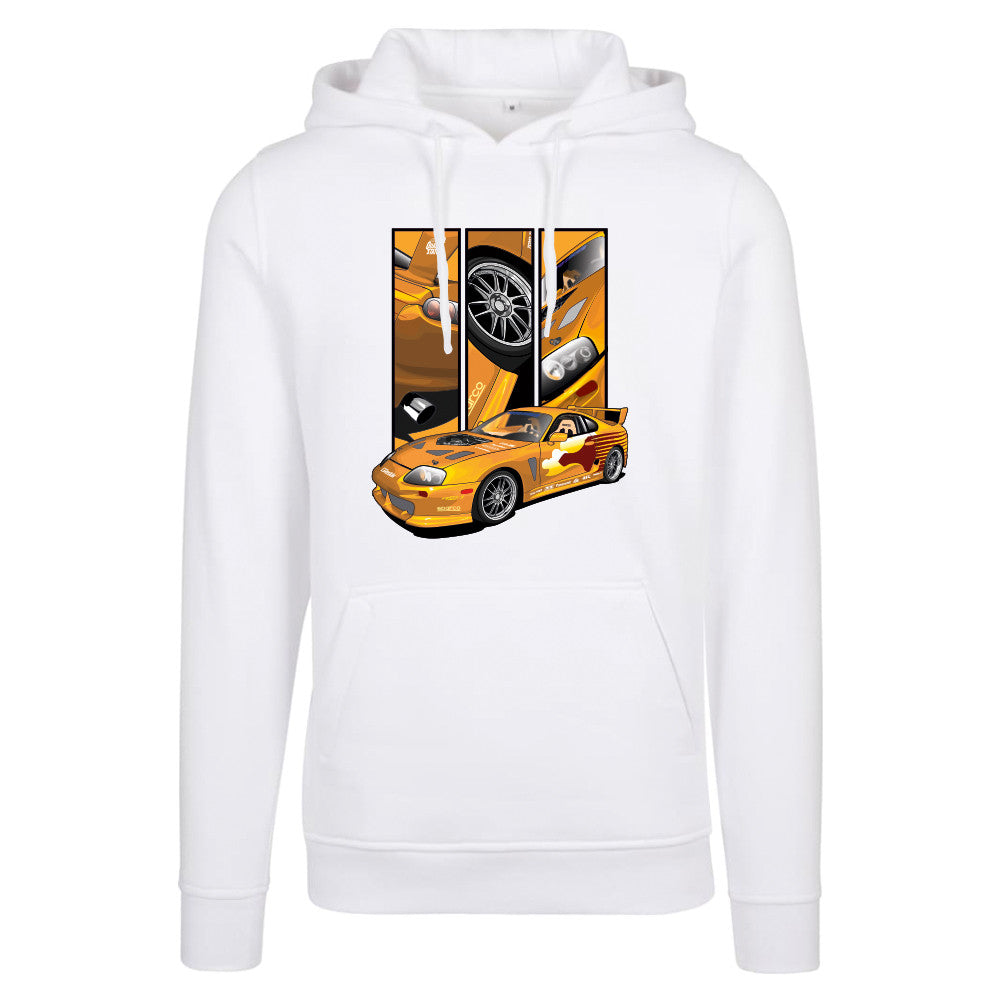 Slap Jack’s Supra – Detail Triptych auf weißem Hoodie – Vorderansicht