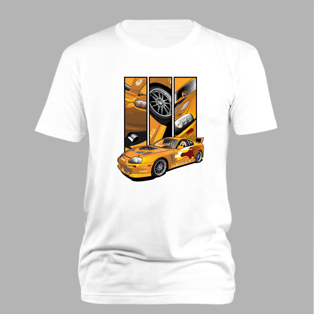 Slap Jack’s Supra – Detail Triptych auf weißem T-Shirt – Vorderansicht