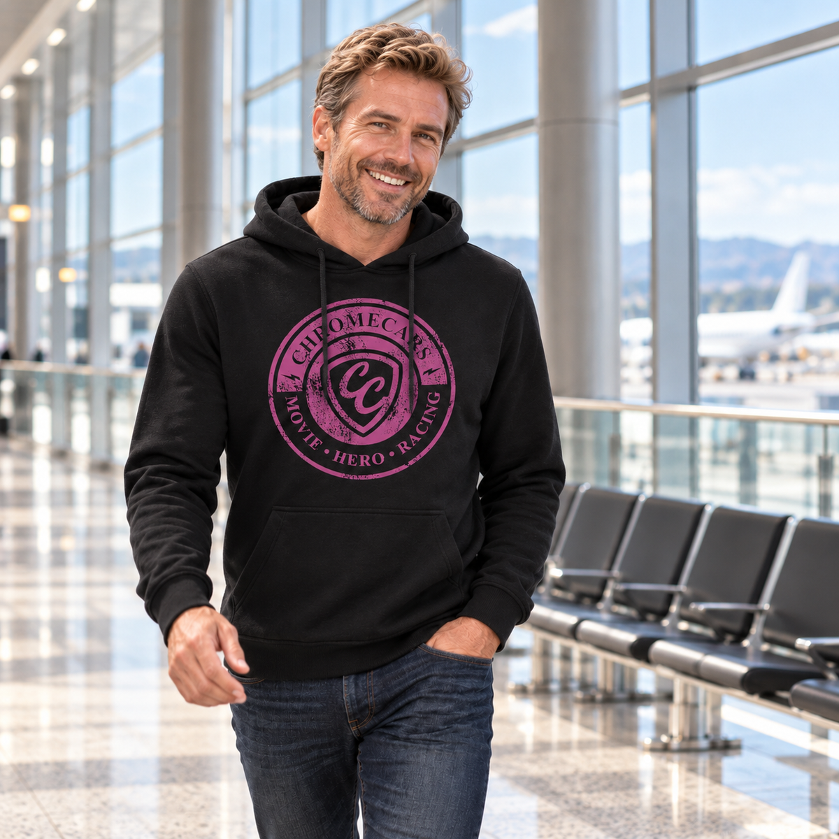 Ein Mann im schwarzen Hoodie mit pinkem CC-Stempelmotiv geht mit einer Hand in der Jeanstasche an einer Sitzreihe im verglasten Flughafenterminal vorbei.