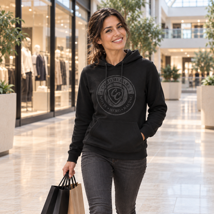 Eine Frau im schwarzen Hoodie mit schwarzem CC-Stempelmotiv trägt Einkaufstüten durch das Shoppingcenter; ihre freie Hand steckt in der Kängurutasche, ihr Blick geht zur Kamera.